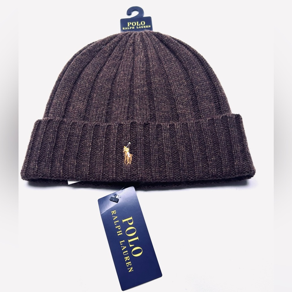 NWT Polo Ralph Lauren Men's Dark Brown Wool Blend Ribbed Cuff Knit Beanie